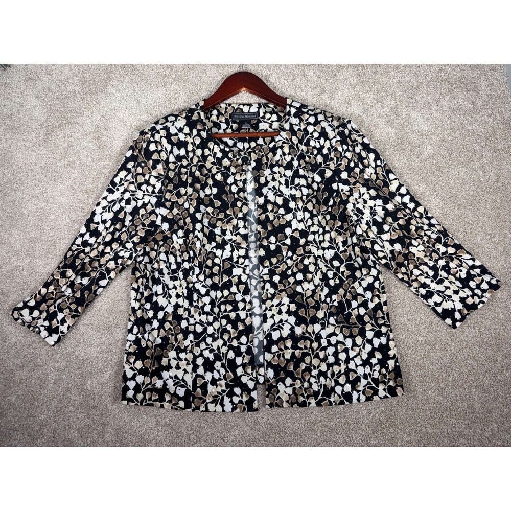 Jessica Howard XL Black Floral Print Open Front Jacket Blazer Size 18